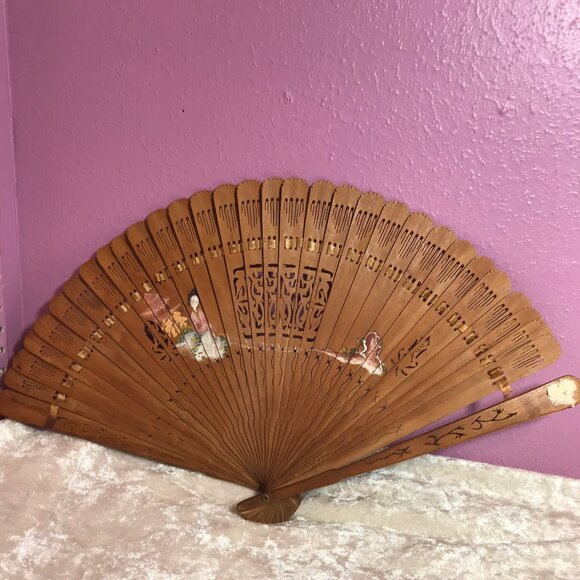 Vintage Brown Hand-Painted Japanese Fan Woman Sitting Cutout Home Decor GUC Gift - Picture 1 of 8